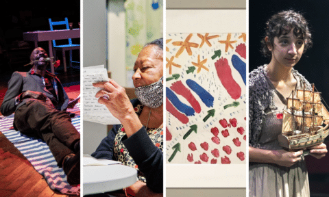 Grid featuring production photo of Dear Elizabeth @ Theatro Technis, participant in The Letters Project with Age UK, artwork from New Dreams, and Sara Hazemi starring in A Sudden Violent Burst of Rain