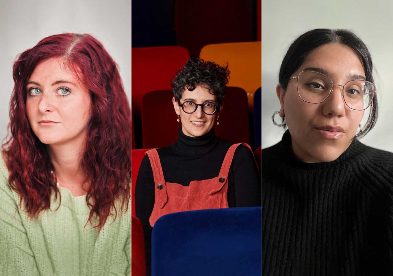 Three people are in separate portraits. The left person has long red hair and a green sweater. The center person wears glasses, a red pinafore, and a black turtleneck. The right person has glasses, hoop earrings, and a black sweater.