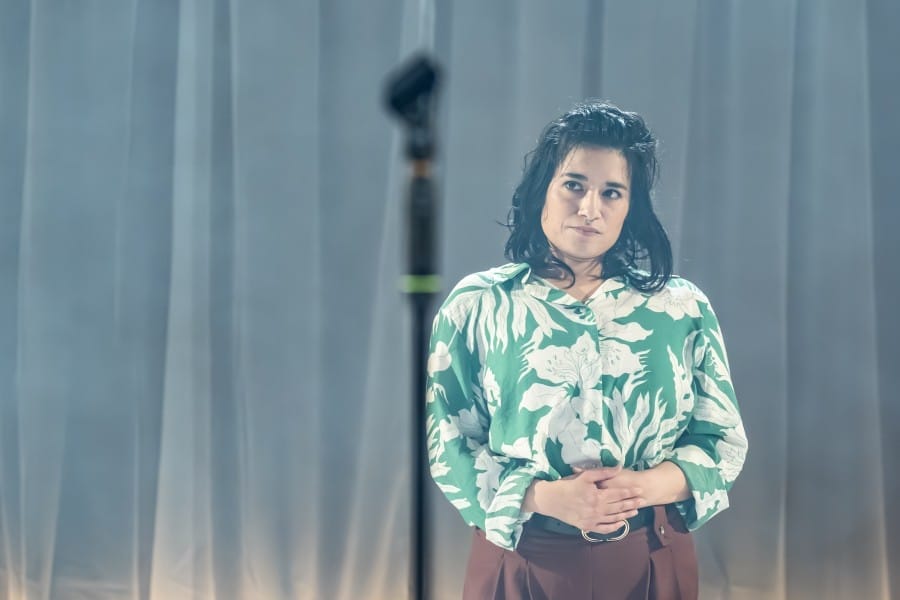 Performer Peyvand Sadeghian stands some distance behind a microphone in the foreground